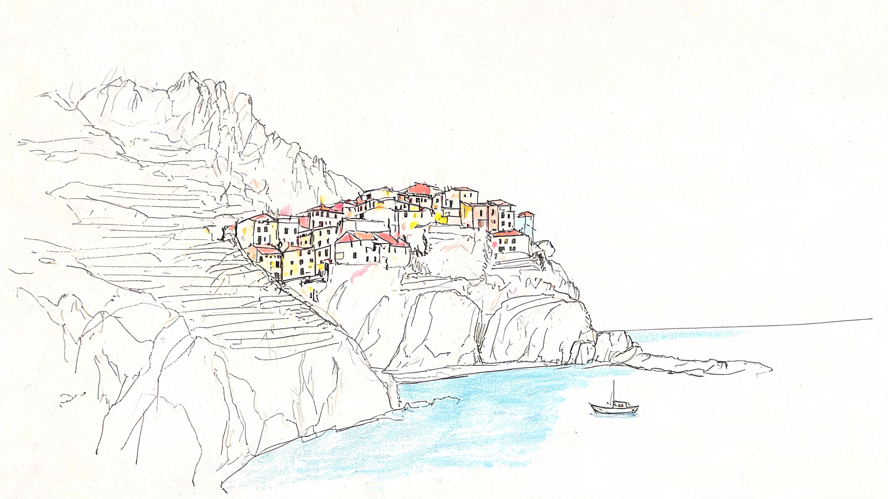 A delicate hand-drawn sketch of a colorful Italian coastal village perched on rocky cliffs by the sea.