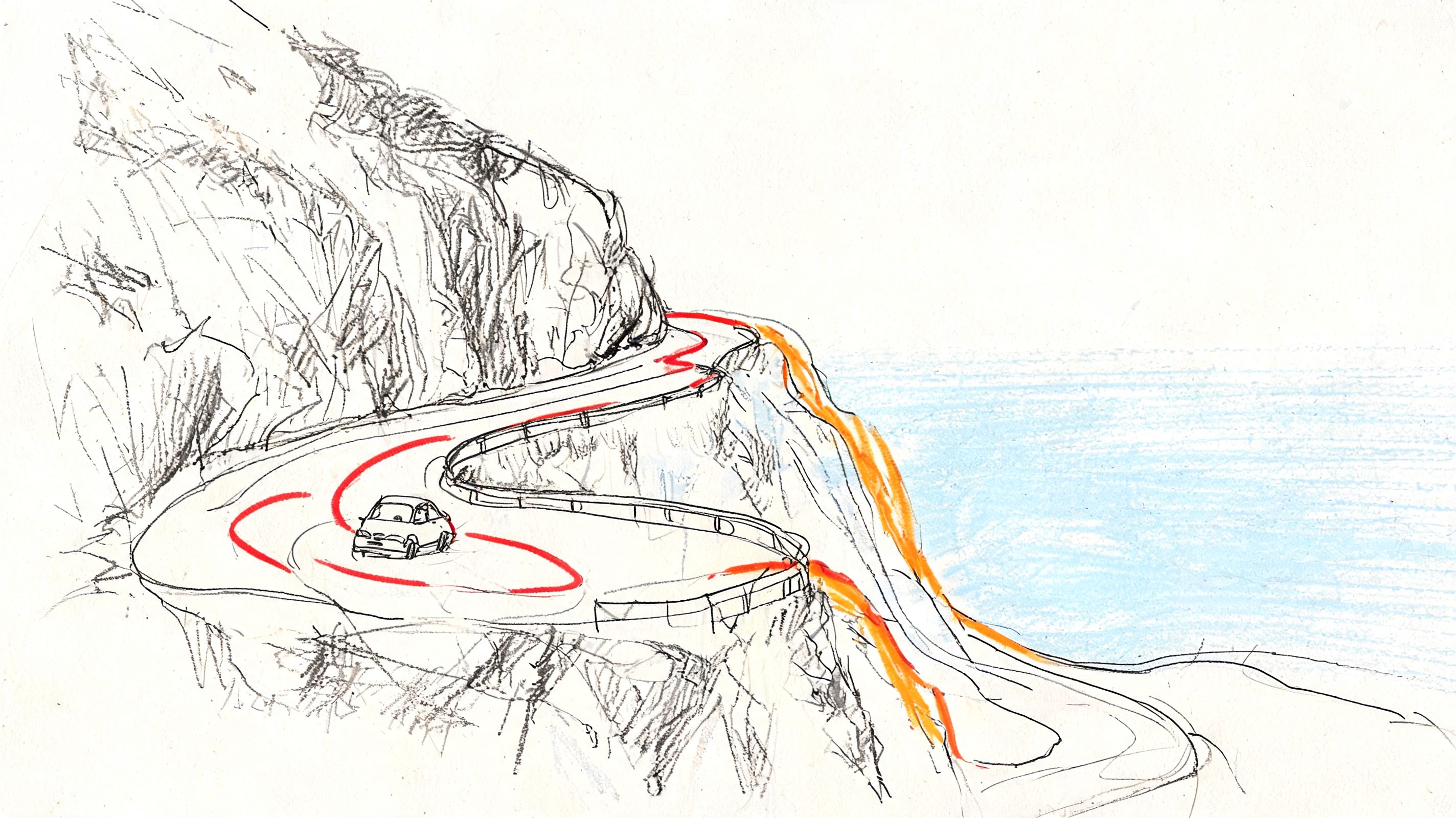 A hand-drawn sketch showing a car driving along a winding coastal road overlooking the sea.