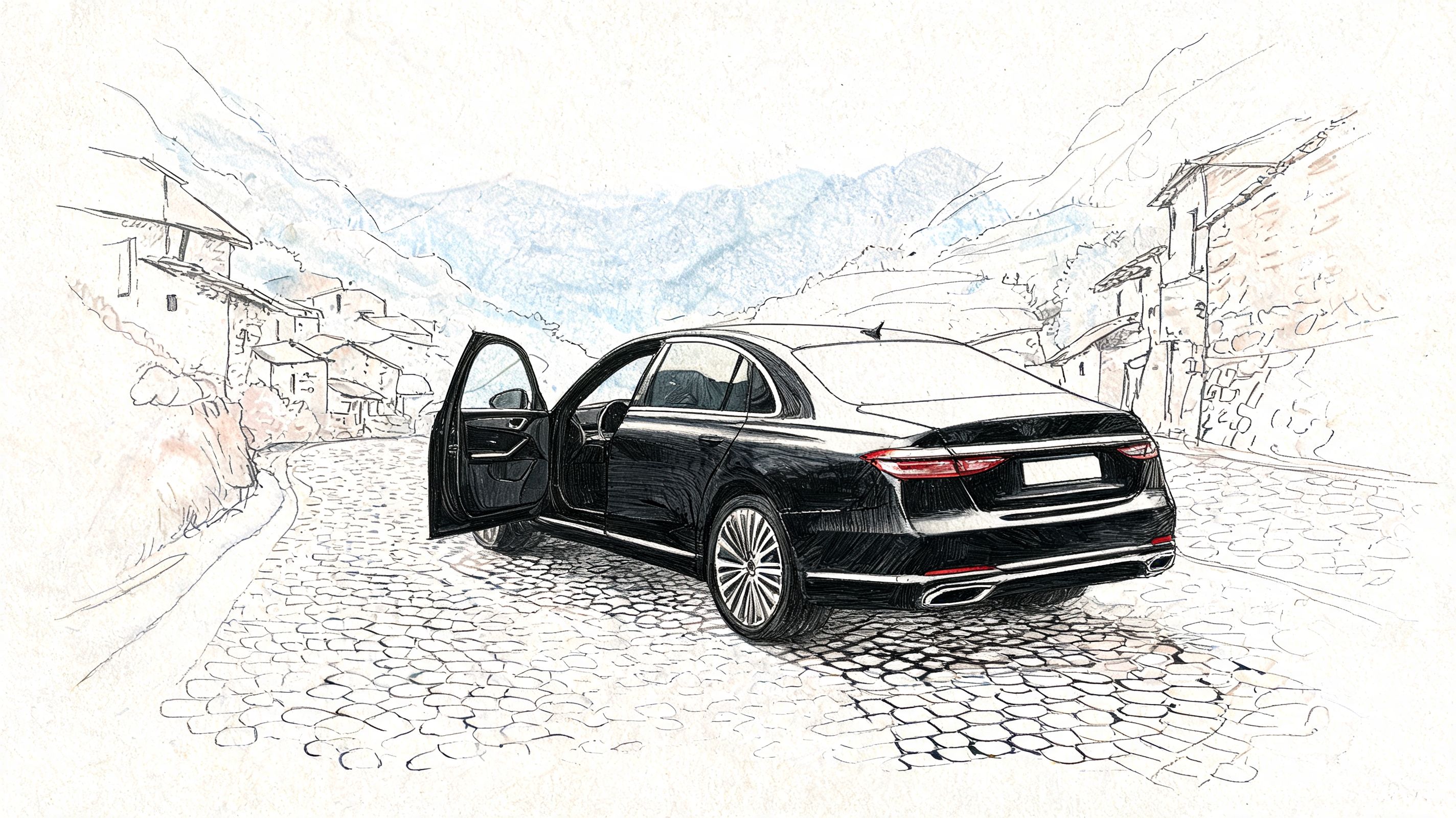 A black luxury sedan parked on a cobblestone street in a historic European mountain village.