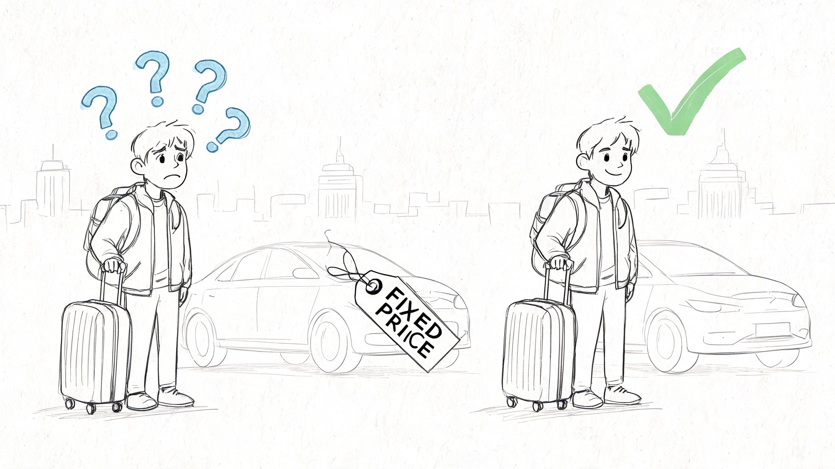A split image comparing a confused traveler with an unknown car price to a confident traveler with fixed price.