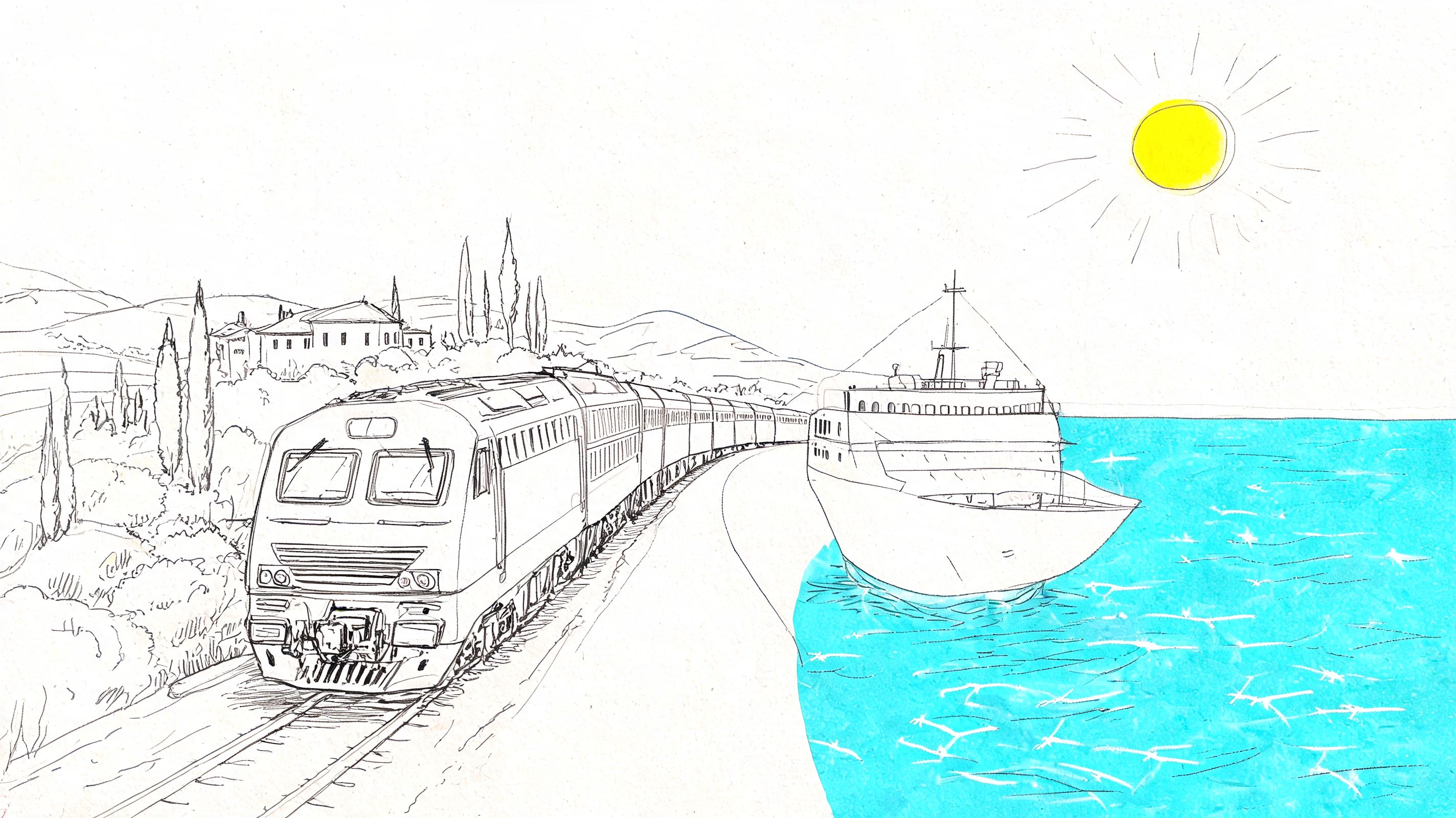 A scenic illustration showing a train moving along the coastline next to a cruise ship at sea.