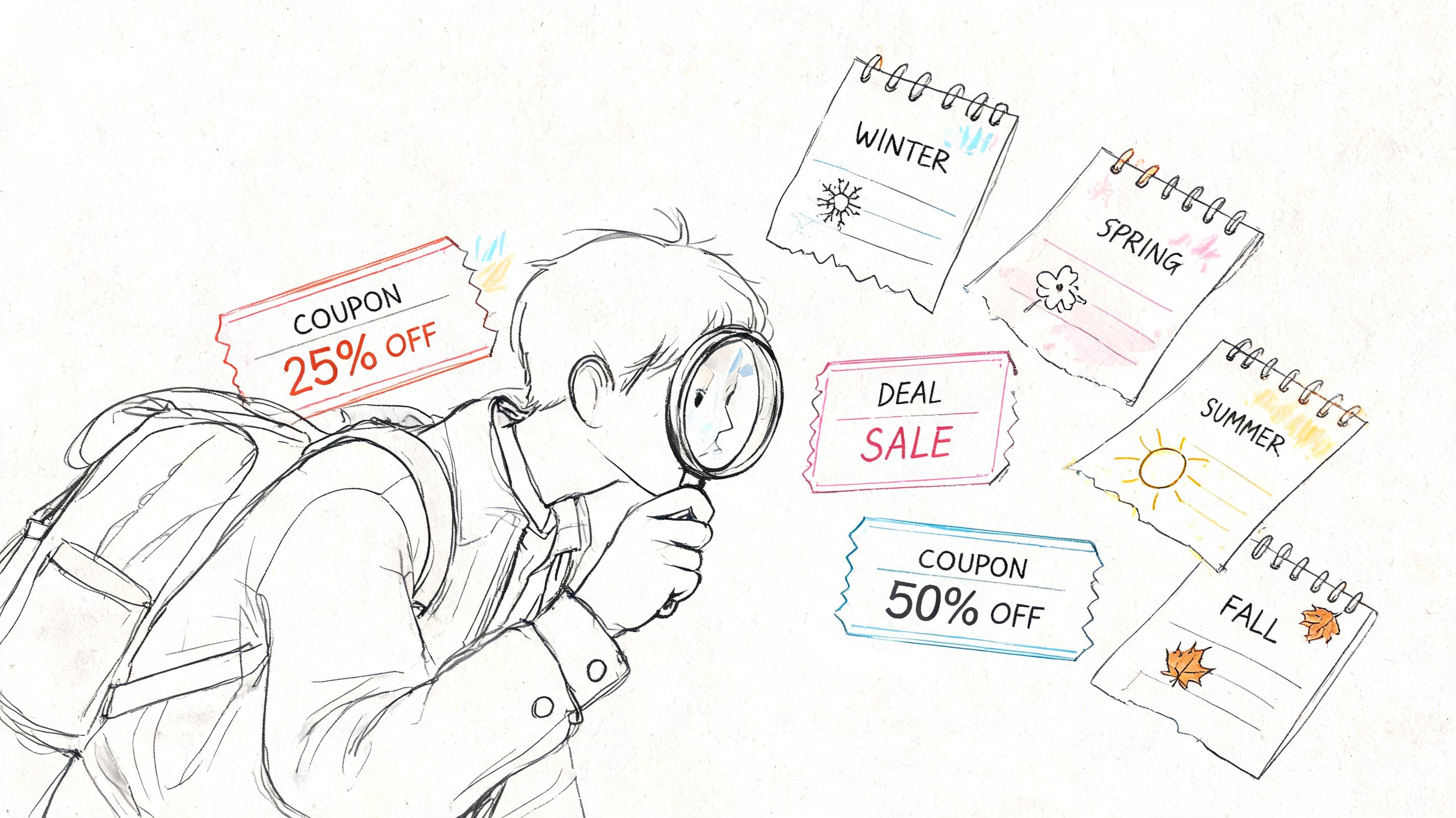 An illustration of a student with a backpack looking through a magnifying glass at seasonal coupons and calendar pages.