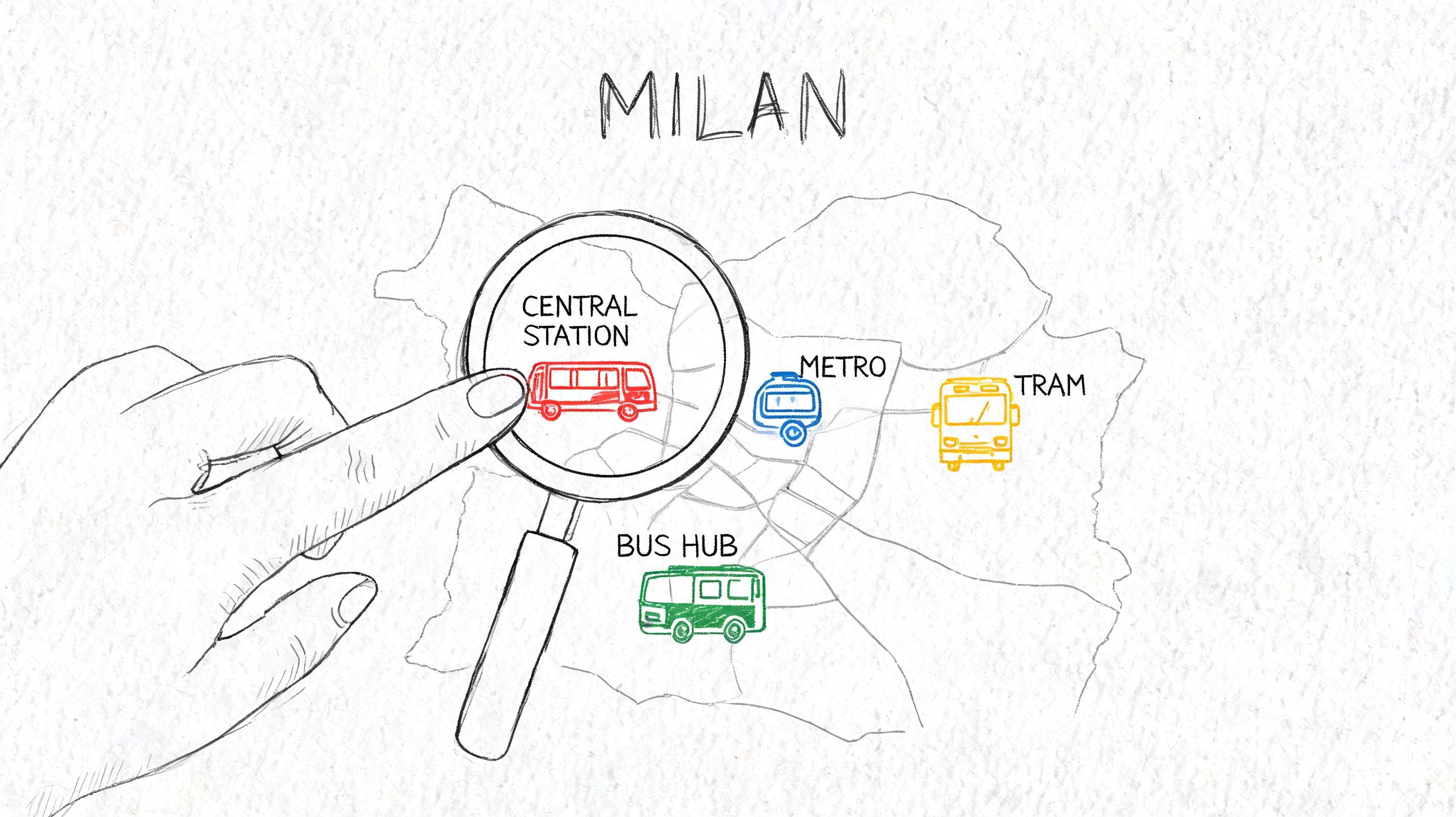 A hand holding a magnifying glass over a map of Milan showing various transportation service icons.