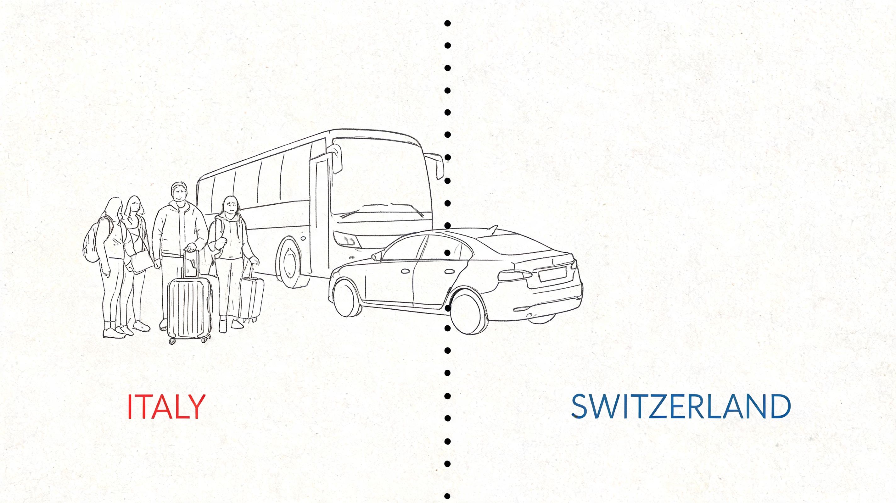 A line drawing illustration showing a bus in Italy and a private car in Switzerland side by side.