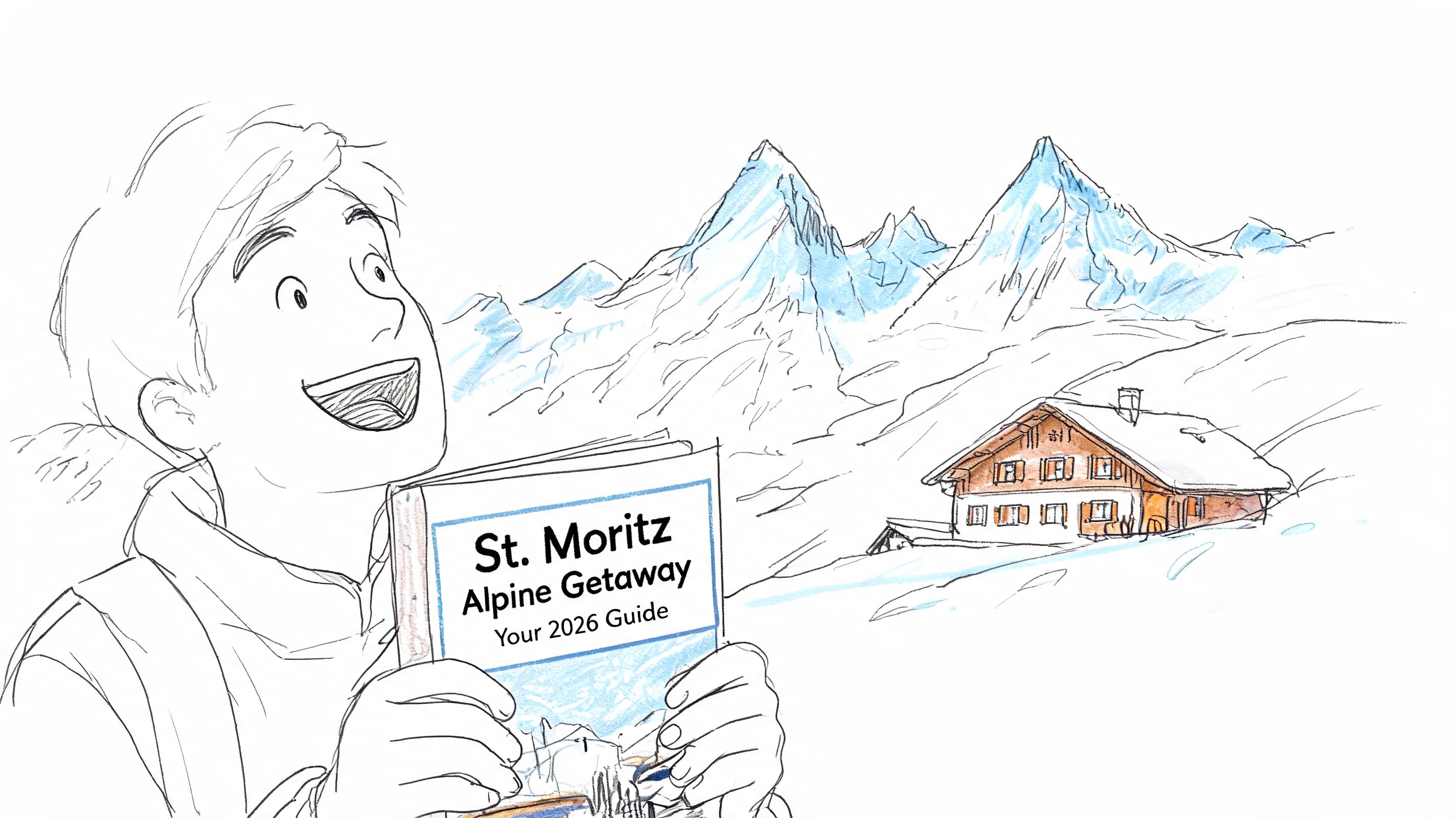 A happy person holding a St. Moritz Alpine Getaway 2026 travel guide featuring mountains and a cozy cabin.