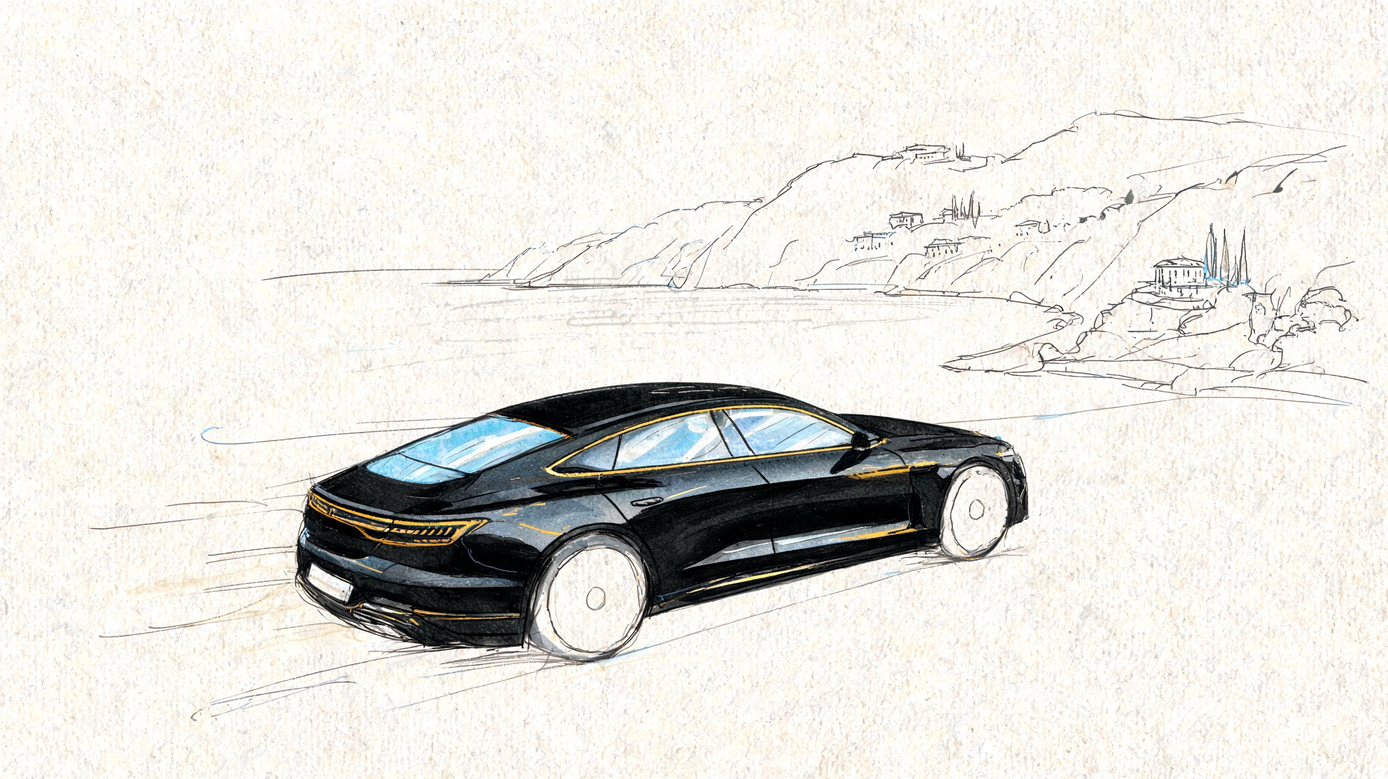 A digital sketch of a luxury black car driving along a coastal road near Portofino.