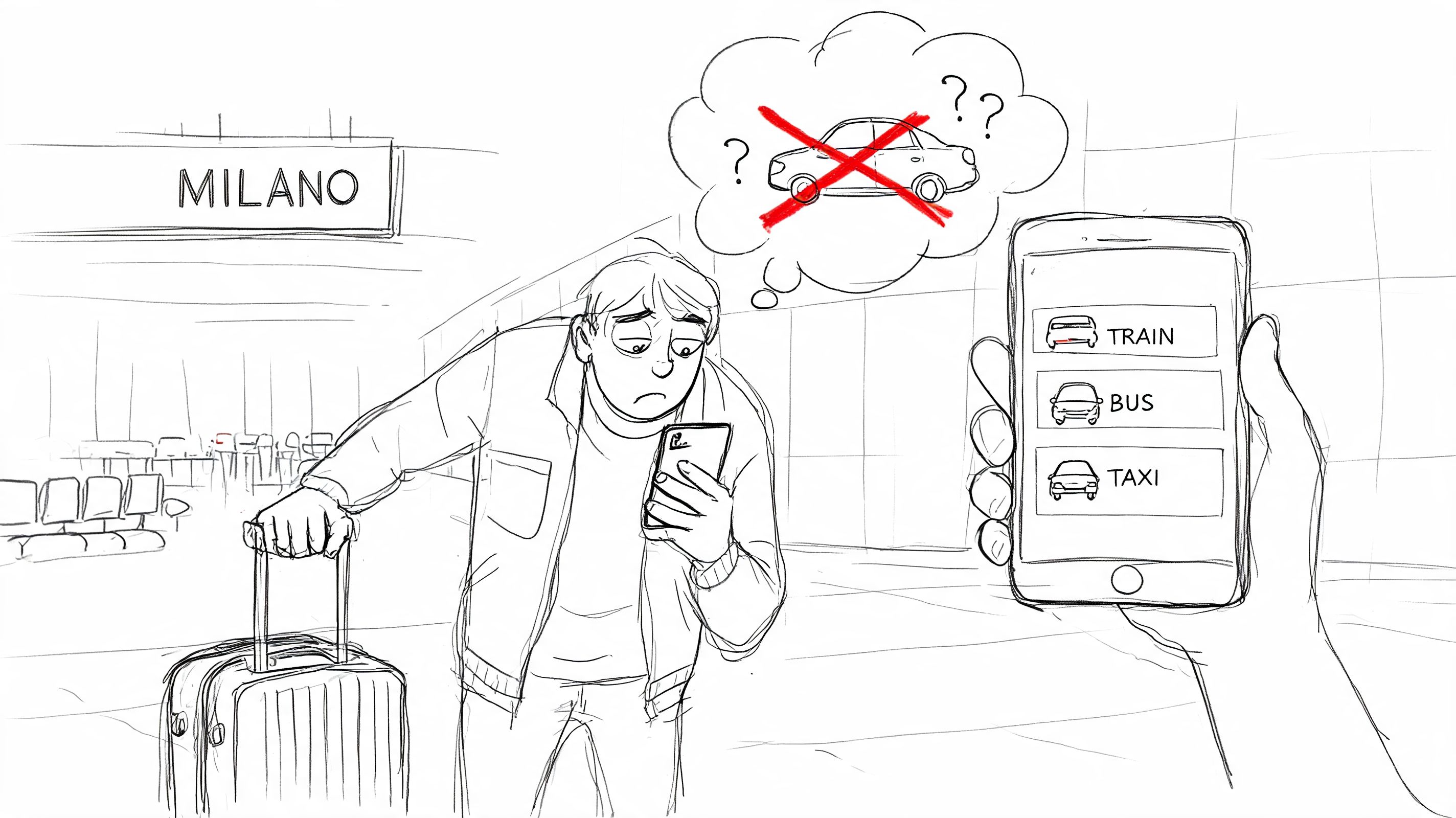 A traveler at a train station in Milan looking stressed while choosing alternative transportation options on a smartphone.