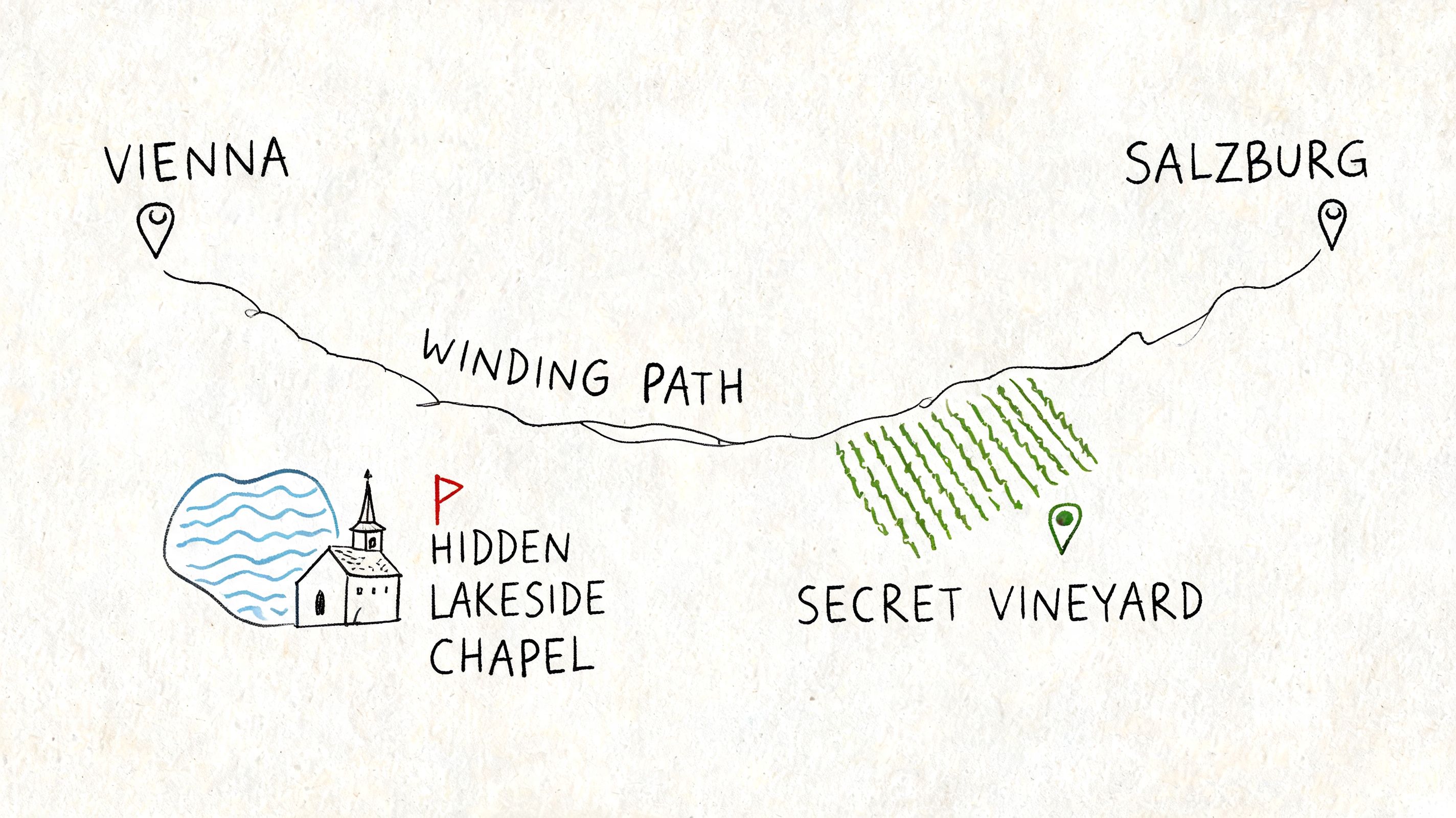A hand-drawn map illustration showing a winding path connecting the cities of Vienna and Salzburg.