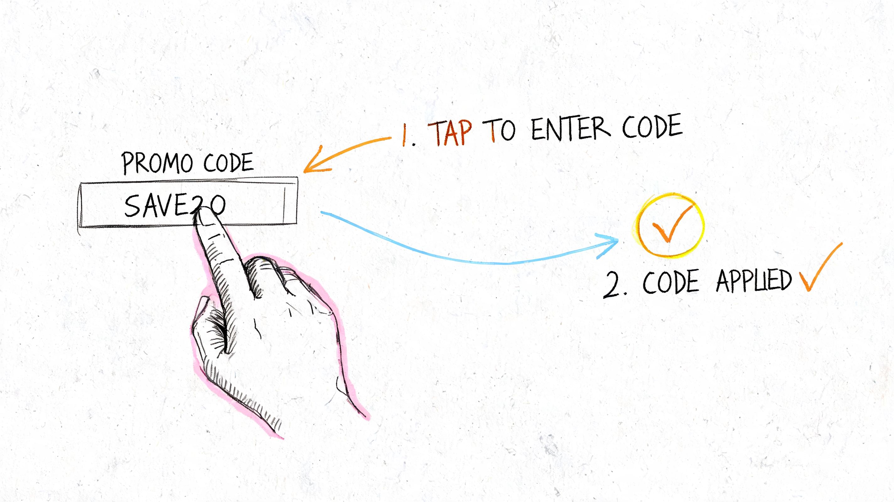 A hand illustration showing a promo code being entered into a text box to get applied.