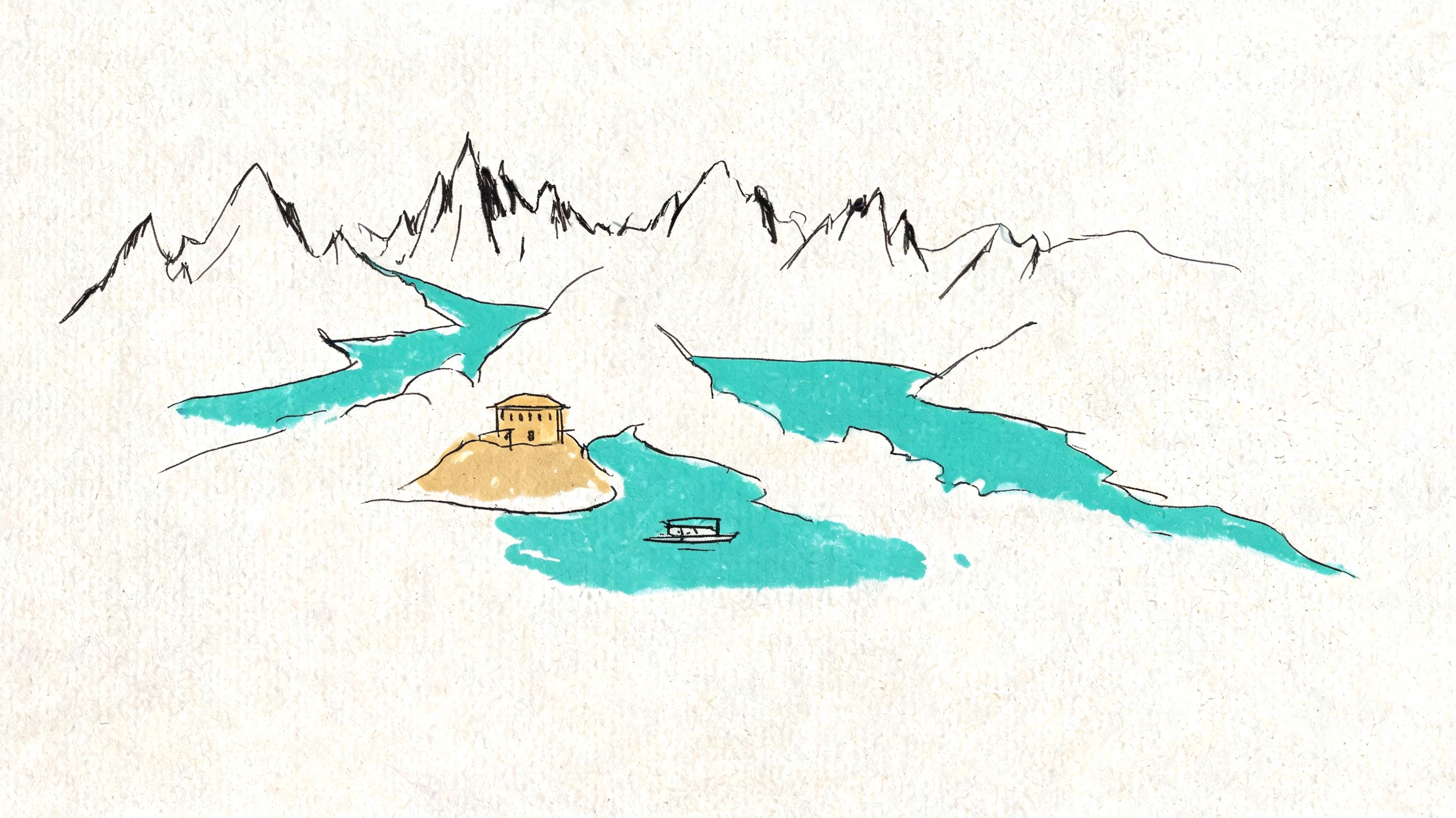 A simple sketch of a small building on an island surrounded by turquoise water and mountain peaks.