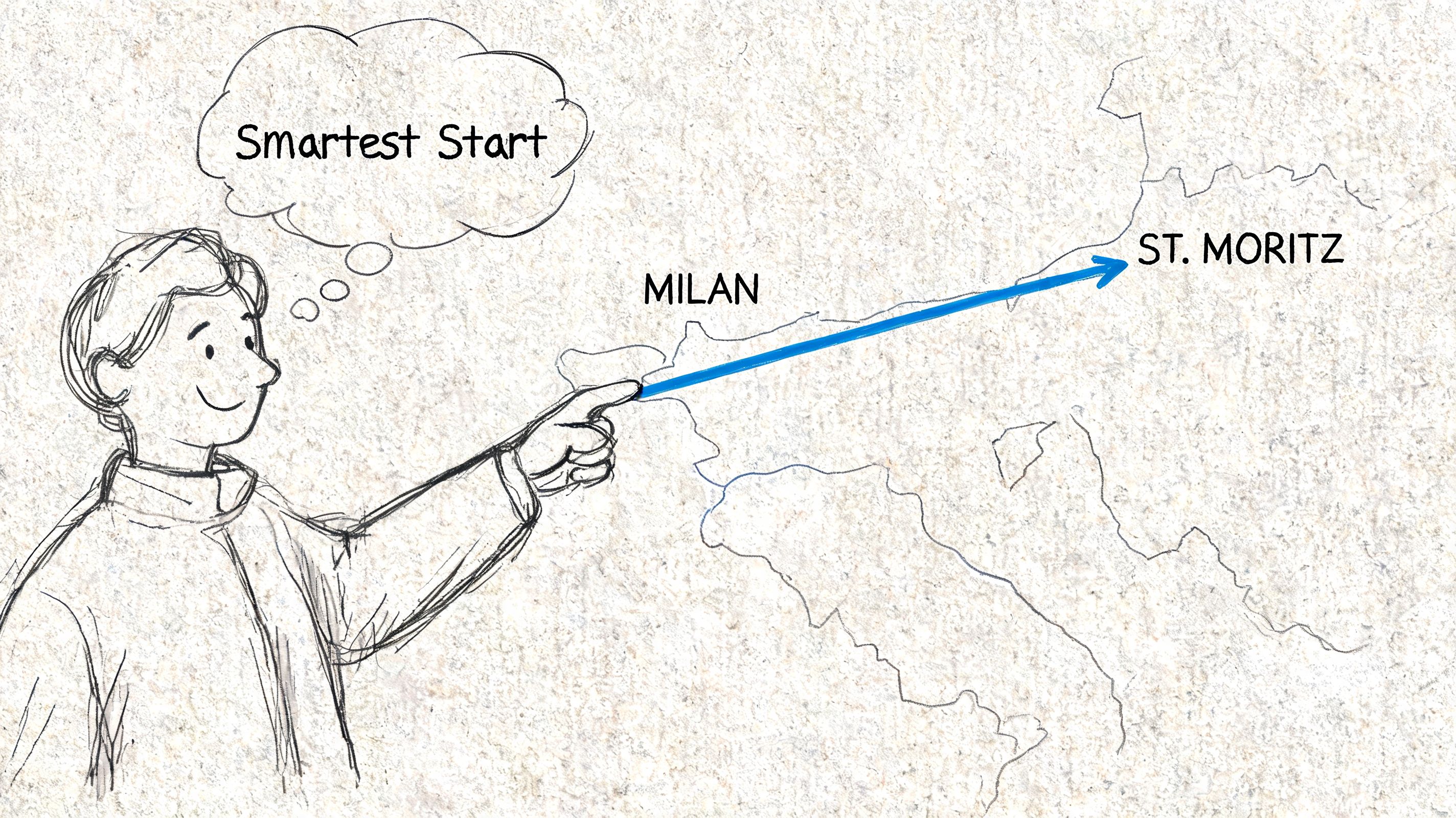 A hand-drawn sketch of a person pointing from Milan towards St. Moritz with a blue arrow.