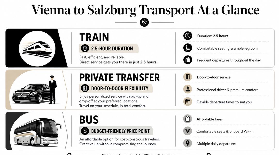 A comparison chart showing transportation options including train, private transfer, and bus from Vienna to Salzburg.
