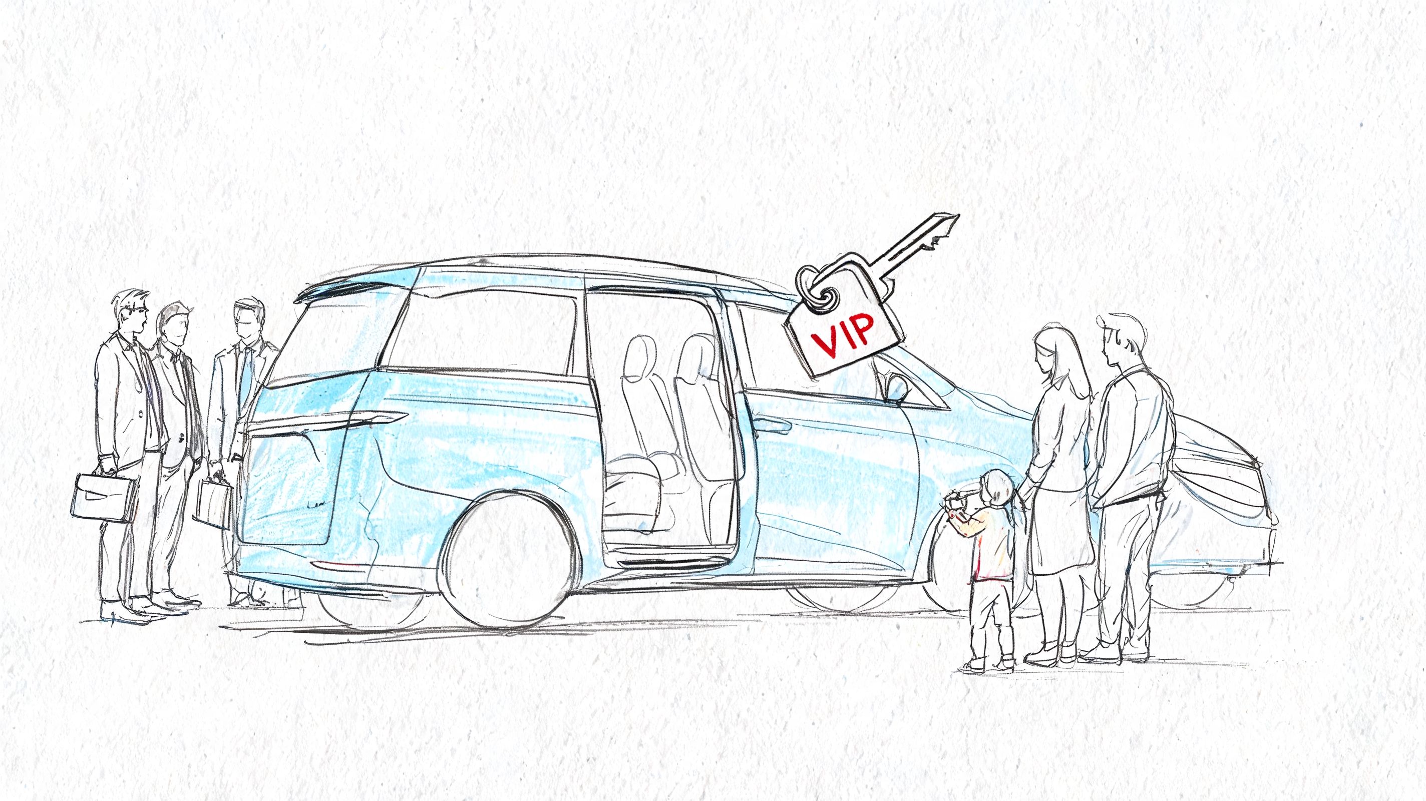 A family and business people standing next to a blue minivan with a VIP key tag above it.